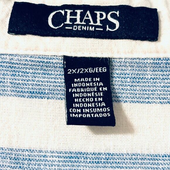 CHAPS Denim 2X linen cotton band collar blue & white stripe button front shirt - Picture 6 of 10